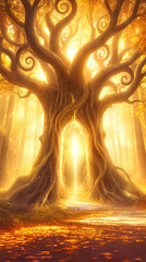 Fototapeta premium Mystical tree with glowing portal in enchanted forest. Fantasy landscape with swirling branches and golden light.