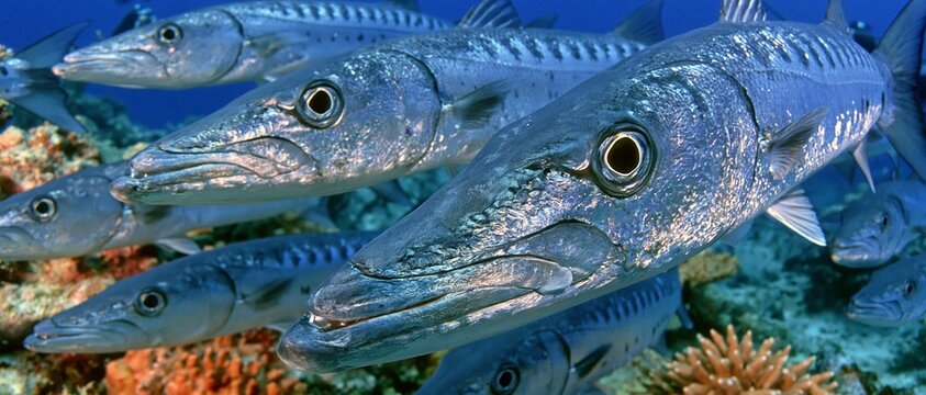 A school of silvery barracudas swims in a vibrant coral reef background with predatory focus.