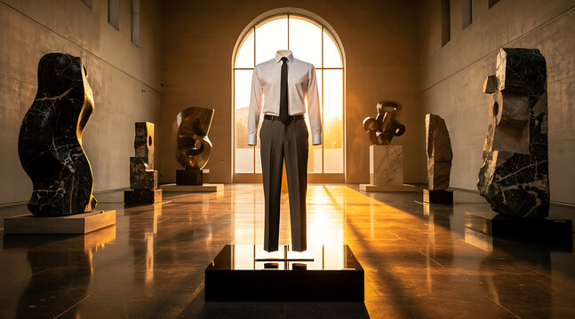 Mannequin in art gallery with sculptures.