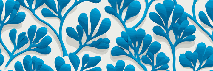 Fototapeta premium Blue stylized leaves and vines seamless pattern. Seamless pattern featuring stylized blue leaves