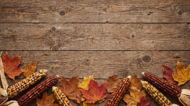 Thanksgiving Autumn Harvest Day colorful Indian corn maize and fall leaves arranged as a bottom border on rustic wood table background with copy space for seasonal harvest banner