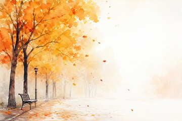 Obraz premium Minimalist fall backdrop: Beautiful autumn park watercolor illustration with empty copy space for Hello Autumn text