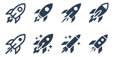 Fototapeta premium Rocket launch icon set, eight variations, space exploration symbols