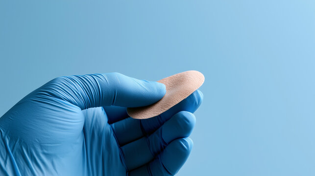Gloved hand holding a sample of artificial skin patch representing innovative regenerative medicine and tissue engineering.