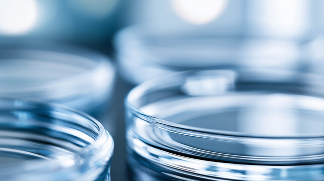 Close up of clear glass petri dishes stacked together in a sterile laboratory environment.