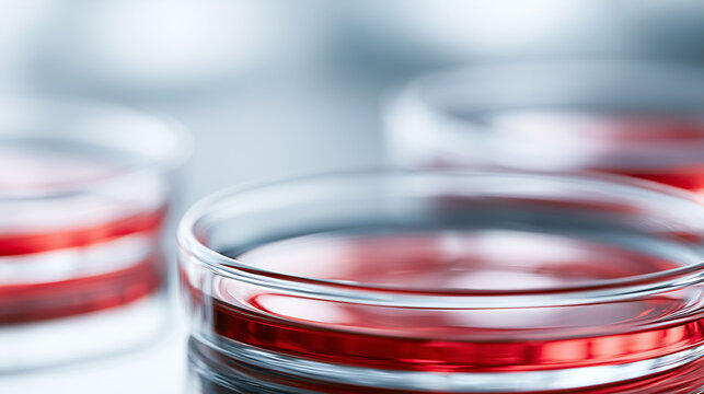 Close up view of laboratory petri dishes filled with red liquid culture medium for scientific experiments.