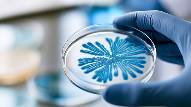 Gloved hand holding a glass petri dish with a blue bacterial culture growth pattern for microbiological research.