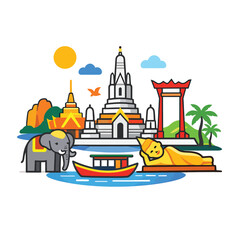 Fototapeta premium Thai landmarks illustration with temples, elephant, and boat