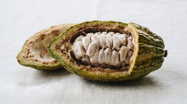 Halved green fresh cacao pod showing raw cocoa beans covered in sweet white mucilage pulp on a light textured background.