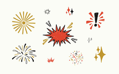 Vector illustration of celebration and explosion burst icons set with fireworks and sparks, festival © MdMujahidFakir