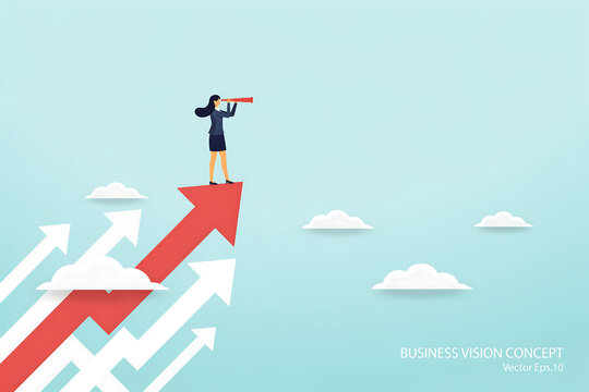 Business vision concept featuring a woman with a telescope on a rising arrow businesswoman telescope strategy leadership aspiration opportunity progress performance corporate professional