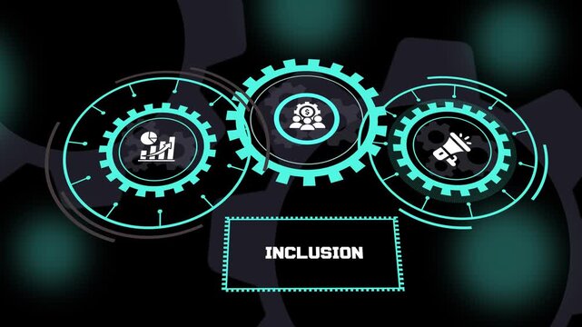 Workplace Inclusion concept with futuristic business interface, equal opportunities, collaborative teams, employee engagement and organizational excellence.