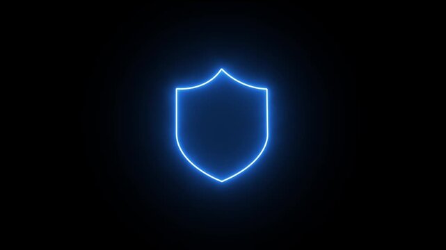 Shield icon security animation on neon glowing blue black background 4k video.