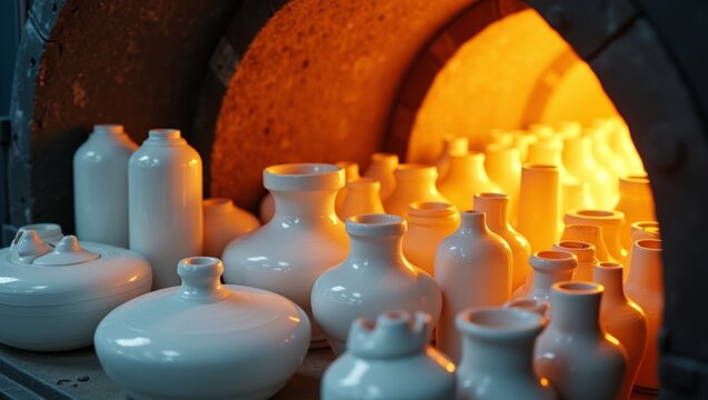 White ceramic pottery pieces arranged inside a kiln with glowing orange heat visible, showcasing various shapes and sizes of vases and bowls