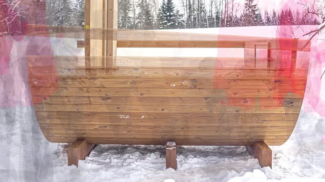 View of a wooden structure resting on the snow in a forest landscape in Latvia.