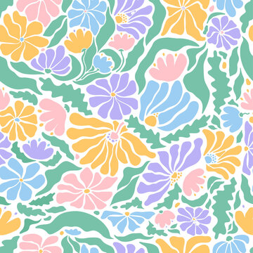 Hand-Drawn Seamless Floral Background with Botanical Flowers, Roses, Lotus, Hearts, Leaves and Blossoms | Elegant Spring Summer Nature Wallpaper Pattern | Soft Pastel Vector Line Art for Fabric, Texti