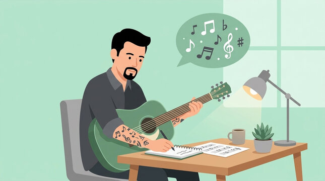 Creative Male Musician Playing Acoustic Guitar and Writing Song Lyrics or Music Notes in Notebook