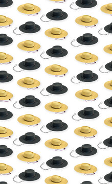 Repeating pattern of black and natural straw huaso hats with flat brims