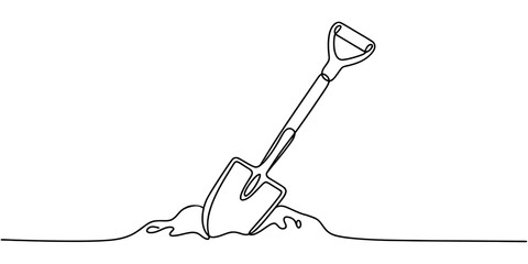 Continuous single line drawing of a garden shovel stuck in the soil Vector, illustration © Digital Illustration