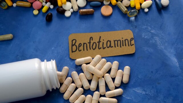Benfotiamine capsules and vitamin supplements. Selective focus.