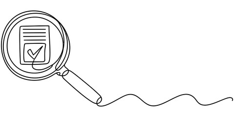 Continuous one line drawing of a magnifying glass examining a document with a check mark icon Vector, illustration © Digital Illustration