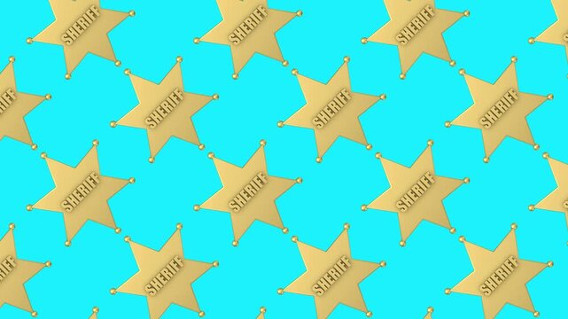 Golden sheriff badges move symmetrically in an animated pattern on a blue background. Western law and Wild West concept. 3D animation