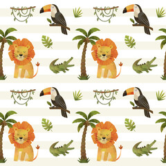 Obraz premium Watercolor wild animals seamless pattern. Cute background with lion, crocodile, toucan. Hand painted jungle print