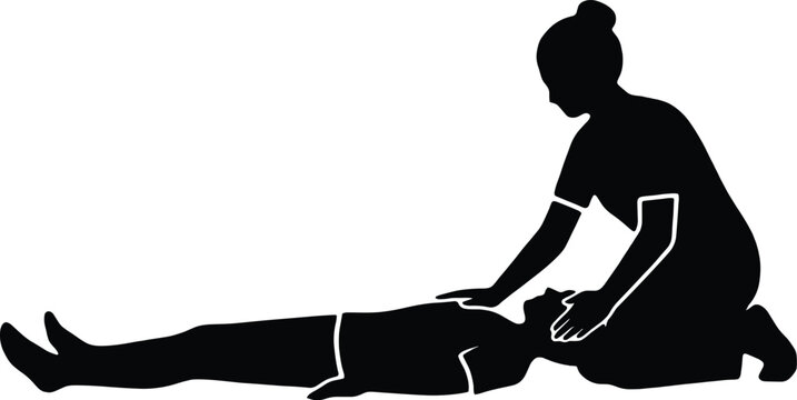 Silhouette of a woman performing CPR on a person lying down on a white background female human