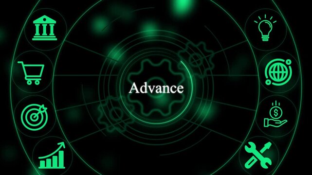 Digital interface with the word advance surrounded by glowing green business and circular gear patterns on a dark background for technology