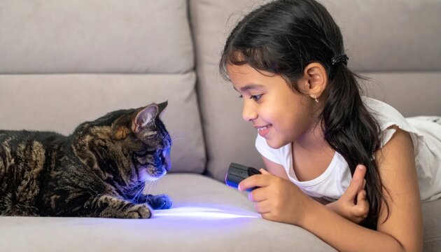 Young Girl Plays with Cat Using Laser Pointer on Sofa.