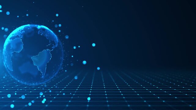 Blue connected globe IoT visual network icons, dotted earth, perspective grid floor, and dark title space. for smart city clips, wireless apps, data services, cloud promos, motion graphics.