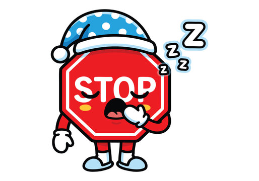 Cute sleepy stop sign character wearing a blue polka dot nightcap and yawning while resting during the night time road traffic safety concept