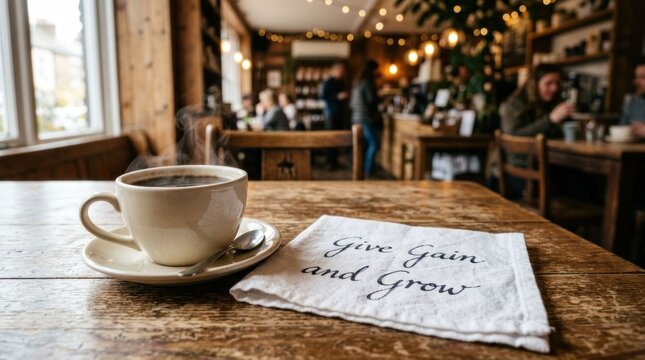 Cozy Coffee Shop Ambiance with Inspirational Message on Napkin.