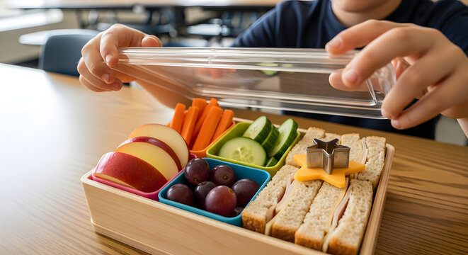 Healthy School Lunchbox with Fresh Fruits and Sandwich