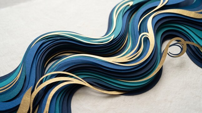 Elegant layered paper cut art with blue and gold waves for modern luxury backdrop