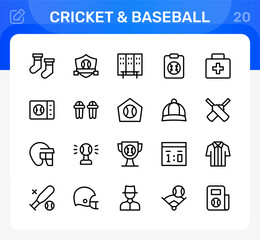 Fototapeta premium Cricket and baseball icon set. Editable icon set. Professional and modern icon pack vector illustration displaying tournament player accessories.
