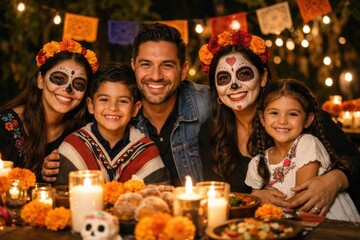 Fototapeta premium Happy family celebrating Day of the Dead together with candles flowers and festive face painting