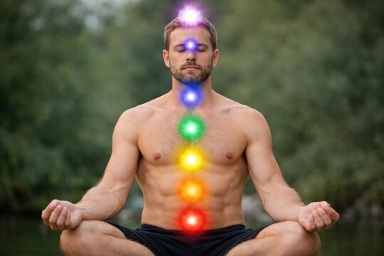 Man meditating outdoors with glowing colorful chakra energy points aligned along his body