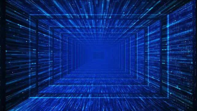 Infinite blue server corridor visual layered cube frames, rushing data lines, bright particles, futuristic network depth. cloud storage clips, 19 openers, database promos, software screens,