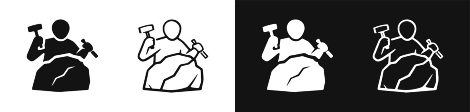 Artist working with chisel and hammer icon set