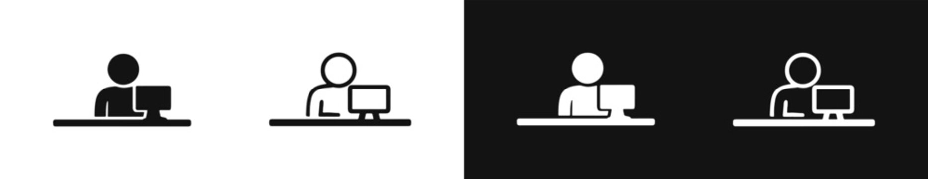 Set of person working on computer icons in solid and line design