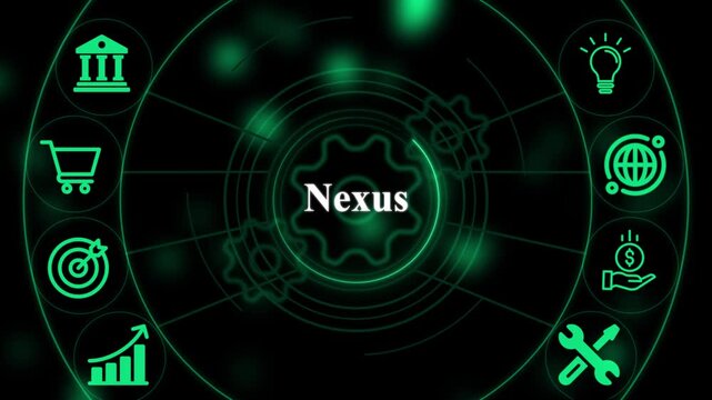 Digital interface with a glowing green circular nexus center surrounded by business including a bank shopping cart target and lightbulb
