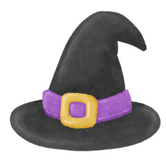 Cute Black Witch Hat Purple Belt Gold Buckle Oil Pastel Texture Transparent Background Halloween Illustration