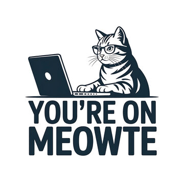 Funny illustration of a cat wearing glasses working on a laptop isolated on transparent background