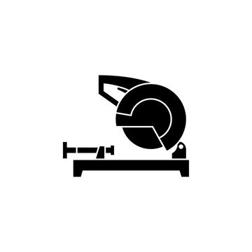 This is a minimalist vector illustration of a chopsaw Machine icon, featuring a simple, clean, and solid glyph style. The icon can be used as a symbol, sign, or logo.