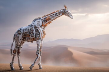 Obraz premium futuristic robotic giraffe walking through desert