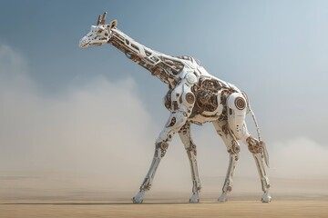 Obraz premium futuristic robotic giraffe walking through desert