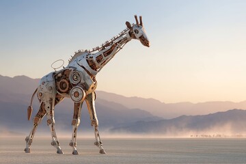 Obraz premium futuristic robotic giraffe walking through desert