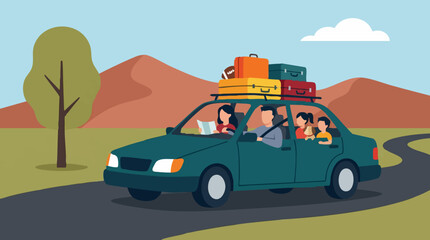 Fototapeta premium Family on a summer road trip in a car with luggage on the roof