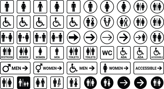 Set of black and white restroom signs, toilet door plaques, ADA accessible icons, and directional vector symbols